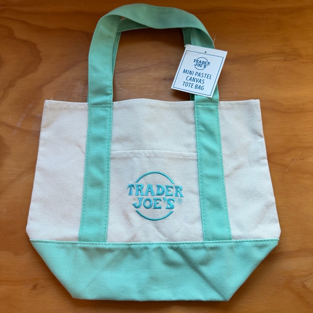 NWT Trader Joe's Pastel Mint Green and Cream Mini Canvas Tote